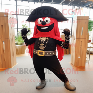 Black Pirate mascot costume character dressed with a Yoga Pants and Shawl pins