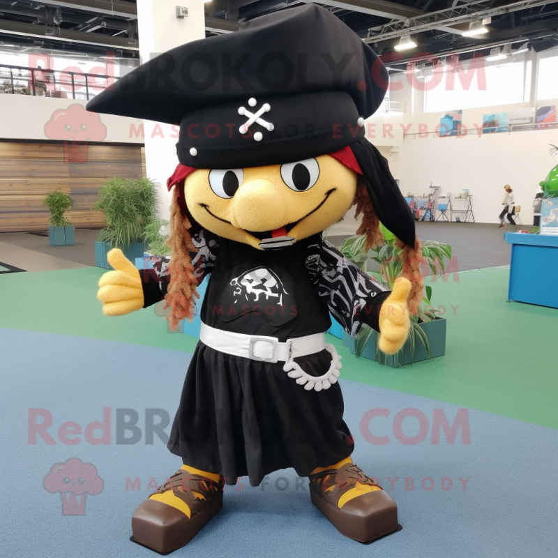 Black Pirate mascot costume character dressed with a Yoga Pants and Shawl pins