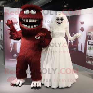 Maroon Frankenstein mascot costume character dressed with a Wedding Dress and Anklets