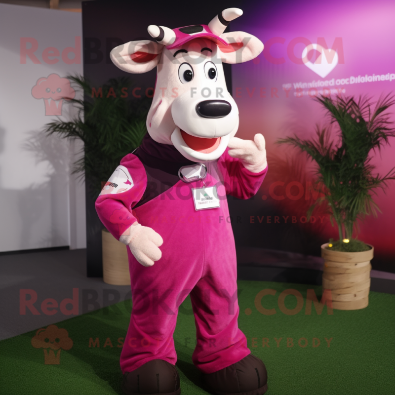 Magenta Jersey Cow mascot costume character dressed with a Dungarees and Mittens Magenta Jersey Cow mascot costume character dressed with a Dungarees and Mittens