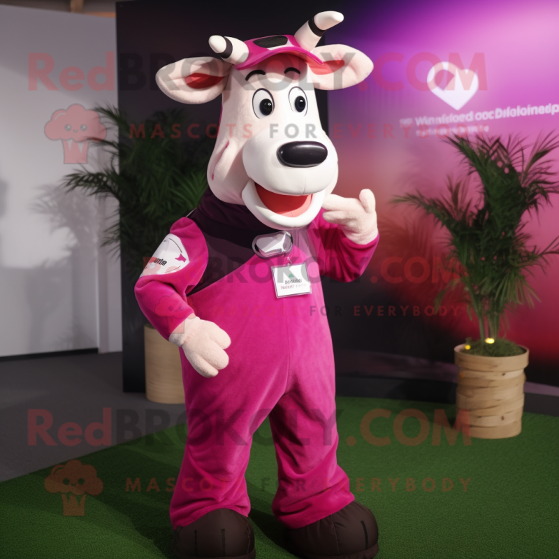 Magenta Jersey Cow mascot costume character dressed with a Dungarees and Mittens