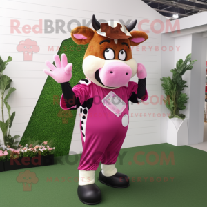 Magenta Jersey Cow mascot costume character dressed with a Dungarees and Mittens