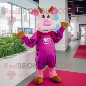 Magenta Jersey Cow mascot costume character dressed with a Dungarees and Mittens