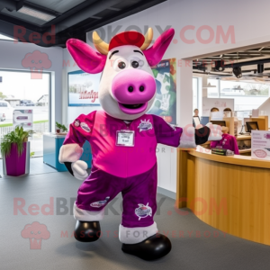 Magenta Jersey Cow mascot costume character dressed with a Dungarees and Mittens