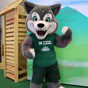 Forest Green Say Wolf mascot costume character dressed with a Board Shorts and Cummerbunds