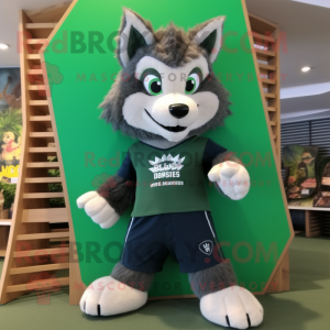 Forest Green Say Wolf mascot costume character dressed with a Board Shorts and Cummerbunds