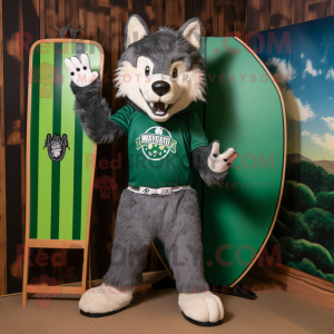Forest Green Say Wolf mascot costume character dressed with a Board Shorts and Cummerbunds