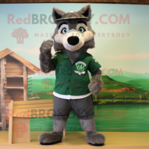 Forest Green Say Wolf mascot costume character dressed with a Board Shorts and Cummerbunds