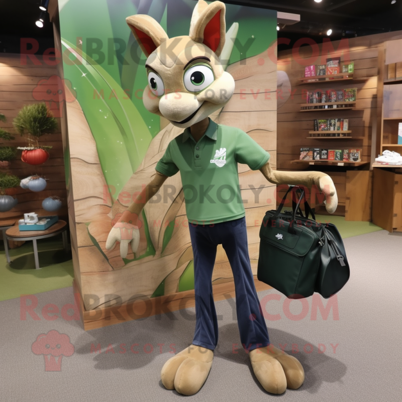 Olive Gazelle mascot costume character dressed with a Bootcut Jeans and Tote bags Olive Gazelle mascot costume character dressed with a Bootcut Jeans and Tote bags