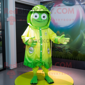 Lime Green Oyster mascot costume character dressed with a Raincoat and Belts