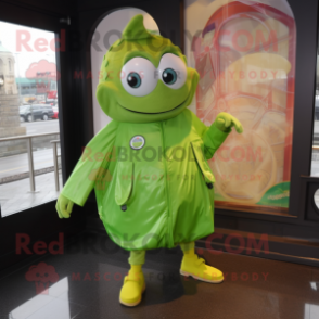 Lime Green Oyster mascot costume character dressed with a Raincoat and Belts