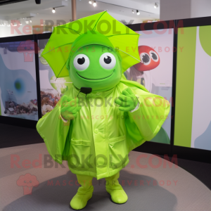 Lime Green Oyster mascot costume character dressed with a Raincoat and Belts