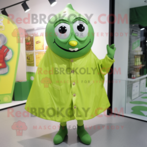 Lime Green Oyster mascot costume character dressed with a Raincoat and Belts