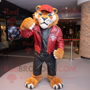 Red Saber-Toothed Tiger mascot costume character dressed with a Leather Jacket and Caps