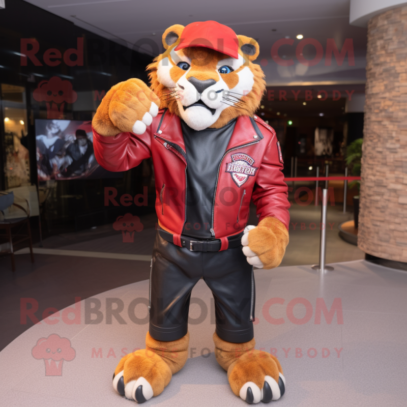 Red Saber-Toothed Tiger mascot costume character dressed with a Leather Jacket and Caps Red Saber-Toothed Tiger mascot costume character dressed with a Leather Jacket and Caps