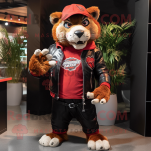 Red Saber-Toothed Tiger mascot costume character dressed with a Leather Jacket and Caps