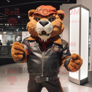Red Saber-Toothed Tiger mascot costume character dressed with a Leather Jacket and Caps