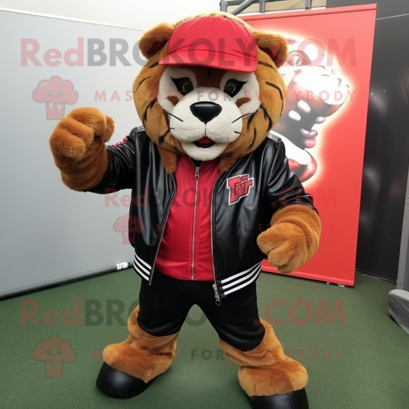 Red Saber-Toothed Tiger mascot costume character dressed with a Leather Jacket and Caps