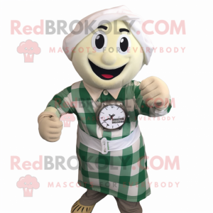 White Pesto Pasta mascot costume character dressed with a Flannel Shirt and Bracelet watches