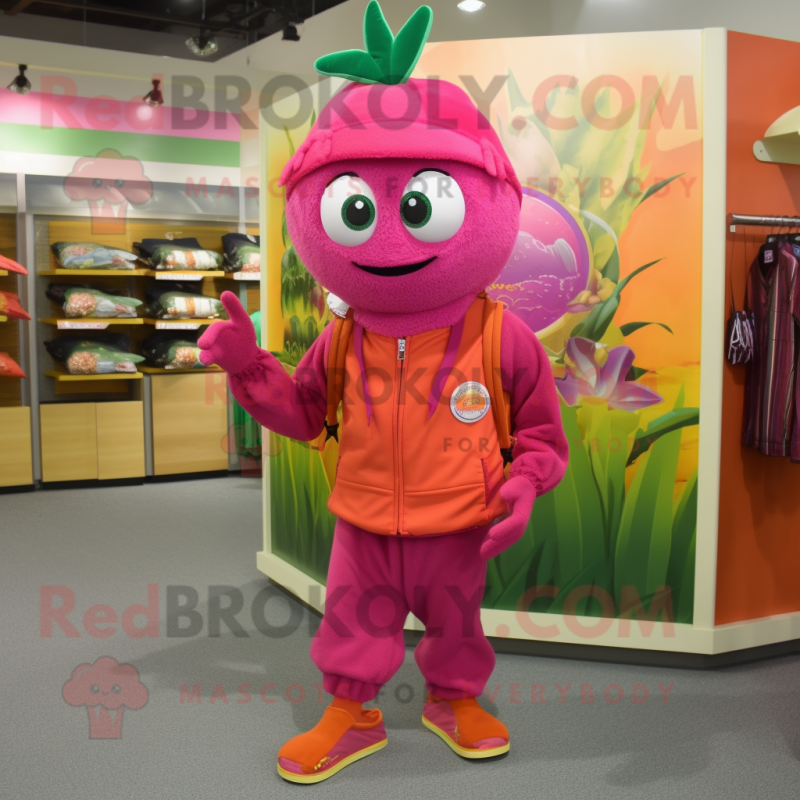 Magenta Apricot mascot costume character dressed with a Bermuda Shorts and Shoe clips