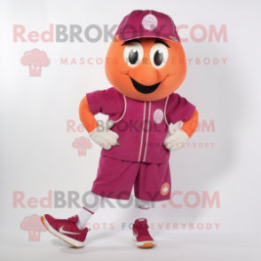 Magenta Apricot mascot costume character dressed with a Bermuda Shorts and Shoe clips