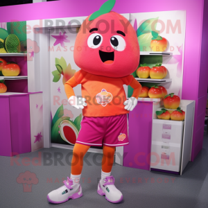 Magenta Apricot mascot costume character dressed with a Bermuda Shorts and Shoe clips
