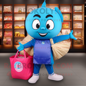 Blue Dim Sum mascot costume character dressed with a Yoga Pants and Tote bags