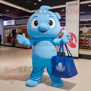 Blue Dim Sum mascot costume character dressed with a Yoga Pants and Tote bags