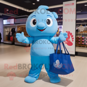 Blue Dim Sum mascot costume character dressed with a Yoga Pants and Tote bags