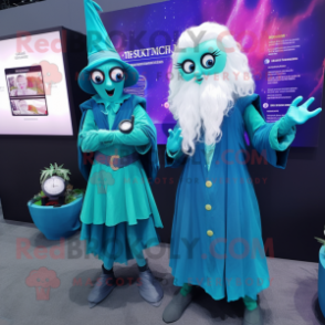 Cyan Witch mascot costume character dressed with a Dress Shirt and Smartwatches