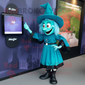 Cyan Witch mascot costume character dressed with a Dress Shirt and Smartwatches