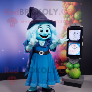 Cyan Witch mascot costume character dressed with a Dress Shirt and Smartwatches