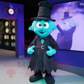 Cyan Witch mascot costume character dressed with a Dress Shirt and Smartwatches