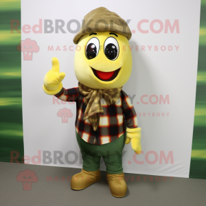 Olive Banana mascot costume character dressed with a Flannel Shirt and Beanies