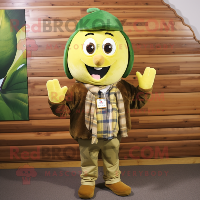 Olive Banana mascot costume character dressed with a Flannel Shirt and Beanies