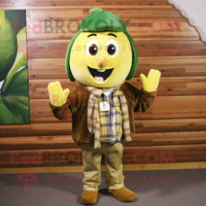 Olive Banana mascot costume character dressed with a Flannel Shirt and Beanies