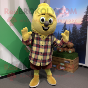 Olive Banana mascot costume character dressed with a Flannel Shirt and Beanies