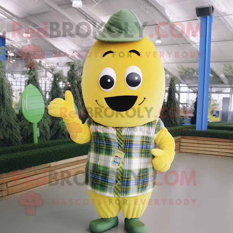 Olive Banana mascot costume character dressed with a Flannel Shirt and Beanies