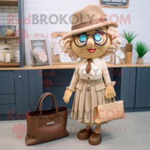 Tan Attorney mascot costume character dressed with a Skirt and Tote bags