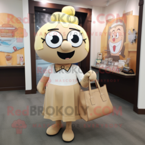 Tan Attorney mascot costume character dressed with a Skirt and Tote bags