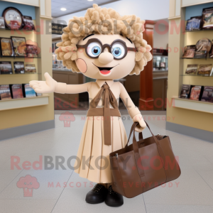 Tan Attorney mascot costume character dressed with a Skirt and Tote bags