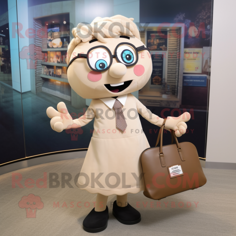 Tan Attorney mascot costume character dressed with a Skirt and Tote bags