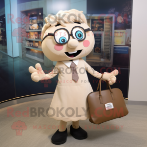 Tan Attorney mascot costume character dressed with a Skirt and Tote bags