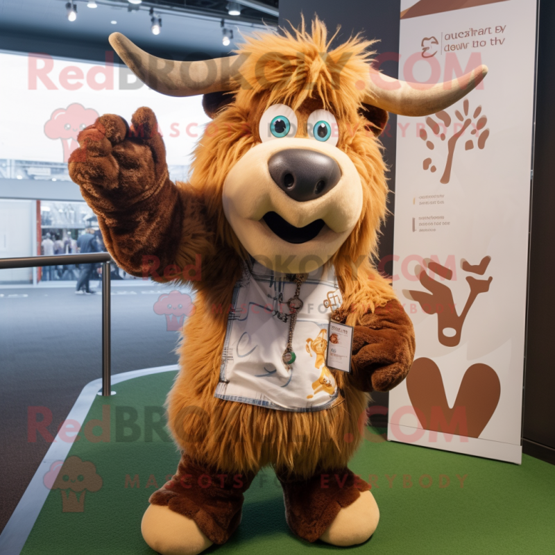 Tan Yak mascot costume character dressed with a Rugby Shirt and Gloves