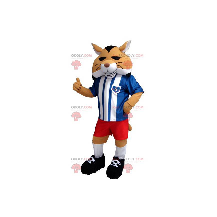 Mascote raposa preto e branco laranja em roupas esportivas -