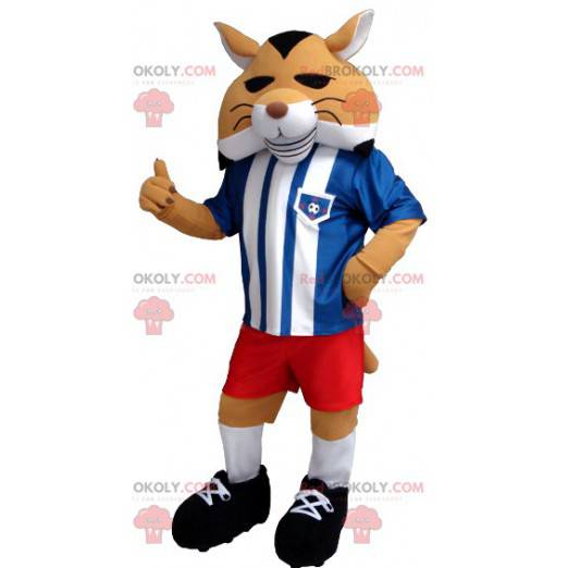 Mascote raposa preto e branco laranja em roupas esportivas -