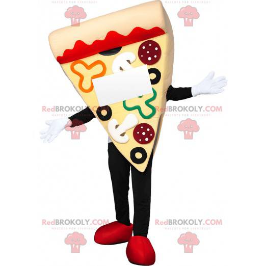 Mascota de pizza tentadora con pepperoni y pimientos -