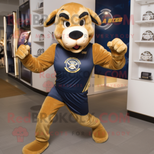 Gold Navy Seal mascot costume character dressed with a Running Shorts and Gloves