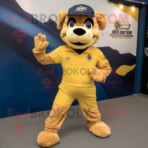 Gold Navy Seal mascot costume character dressed with a Running Shorts and Gloves