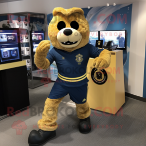 Gold Navy Seal mascot costume character dressed with a Running Shorts and Gloves